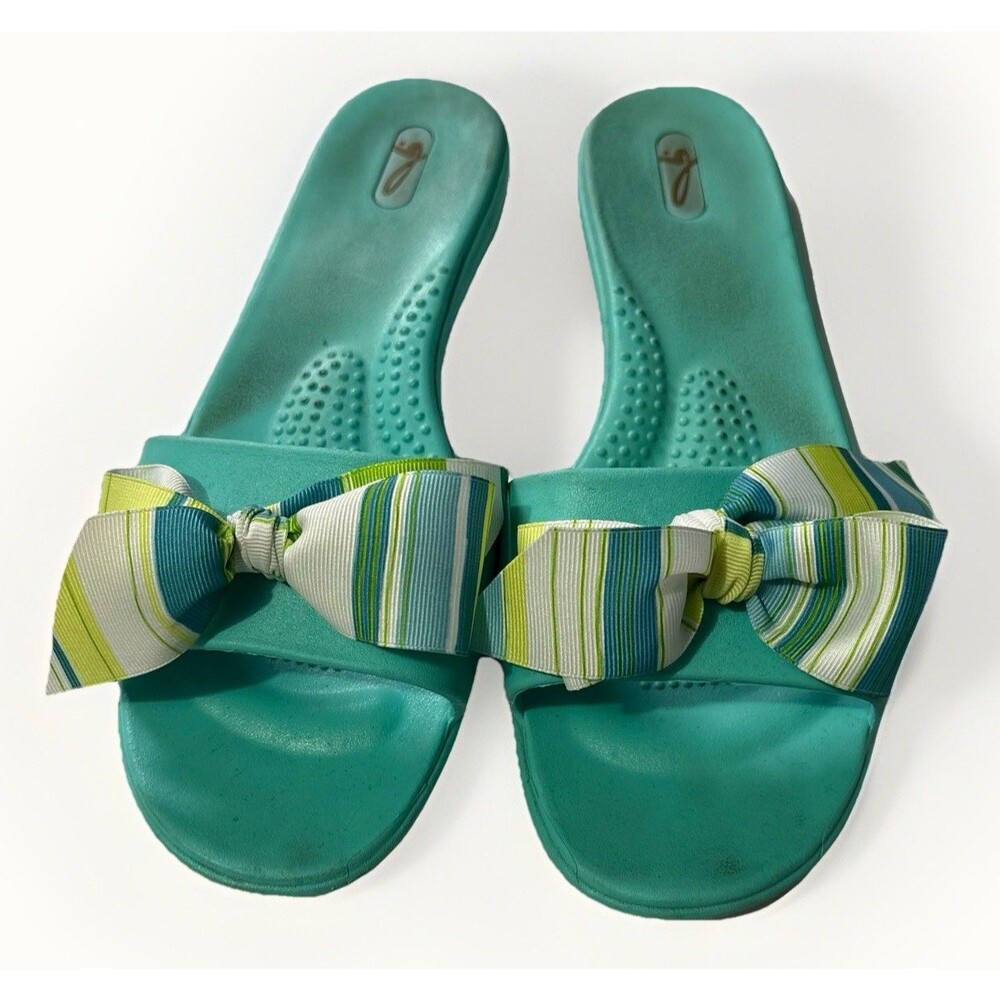 Women's Oka B Okabashi Madison Slide Sandal Size L (10/11) Teal Lime Green Bow‎